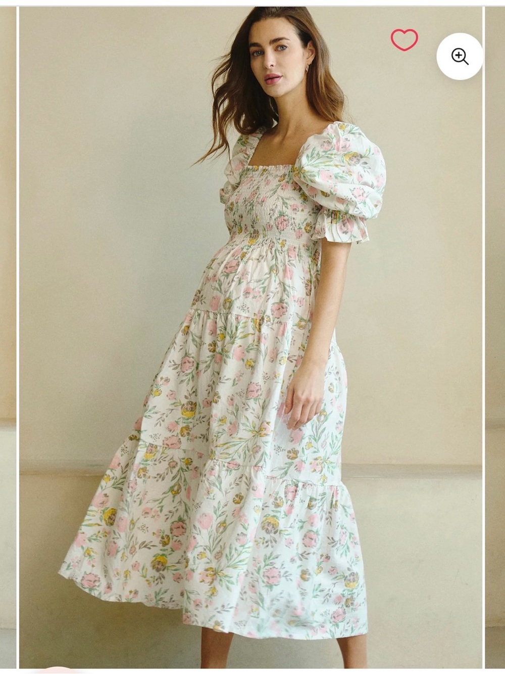 Smocked Puff-Sleeve Floral Midi Dress in Pastel Pink & Green NEW IN BAG